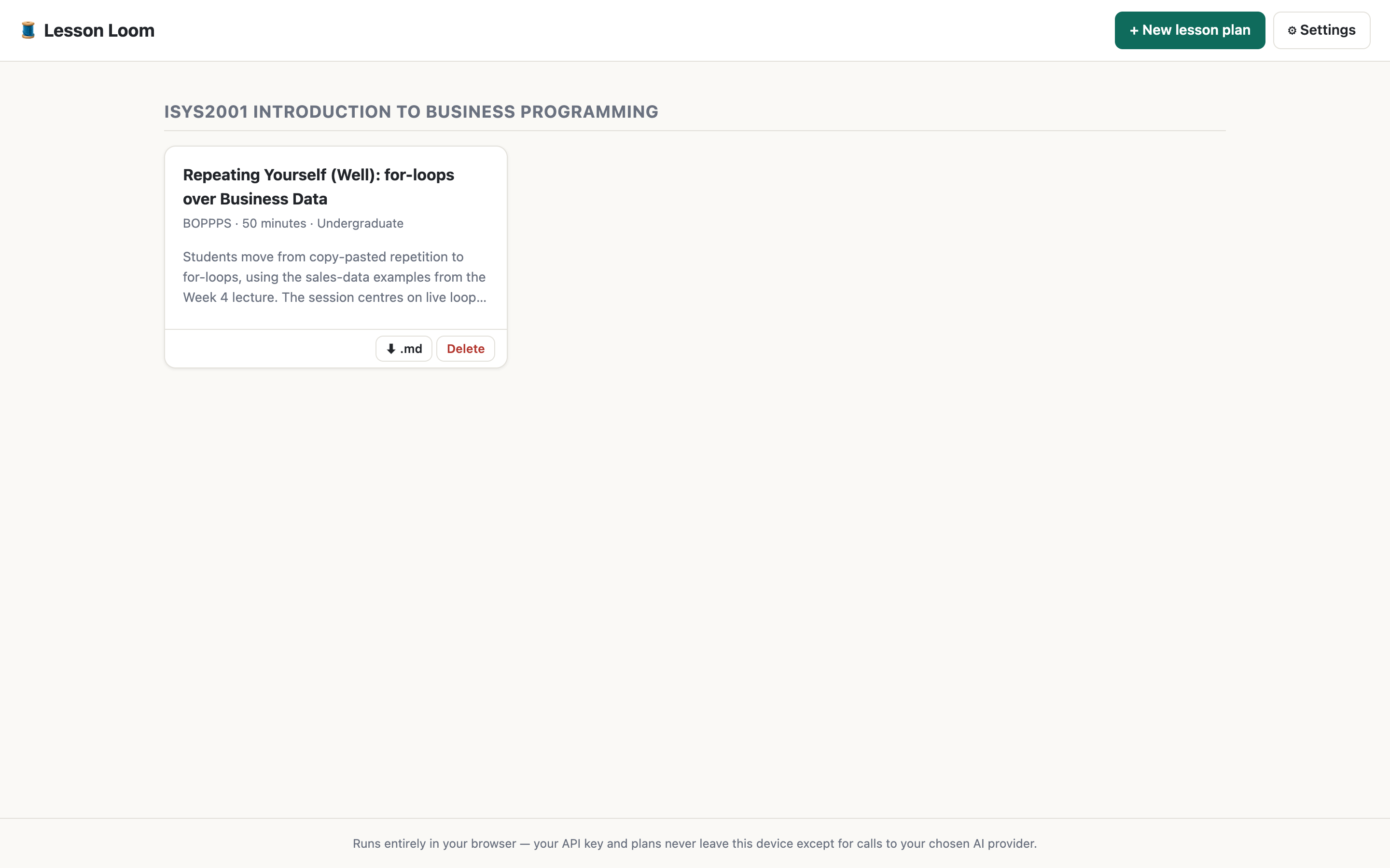 The course dashboard with saved lesson plans