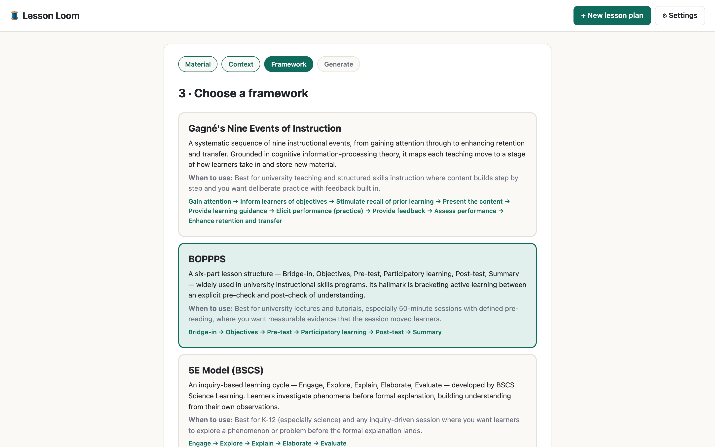 Choosing a pedagogical framework: Gagné, BOPPPS, or 5E