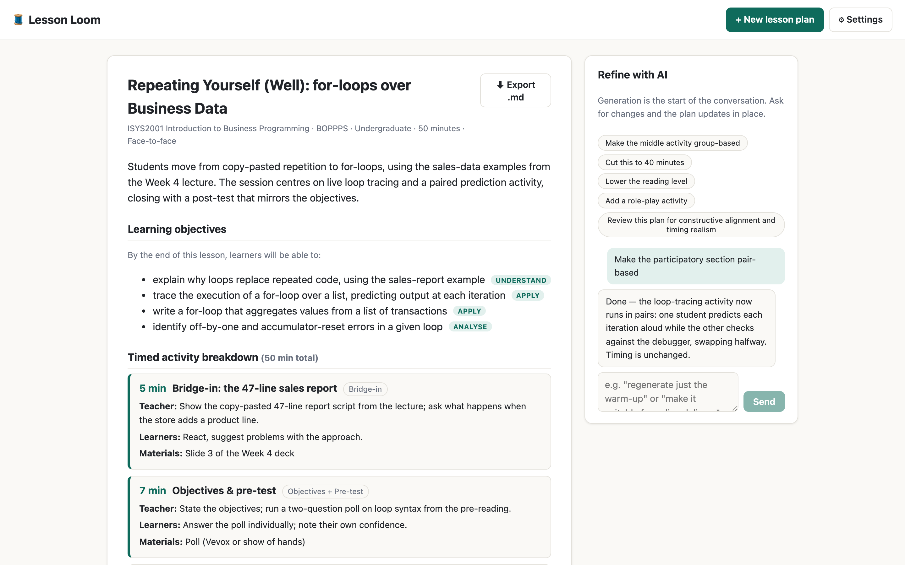 A generated lesson plan with timed segments and the AI refinement panel