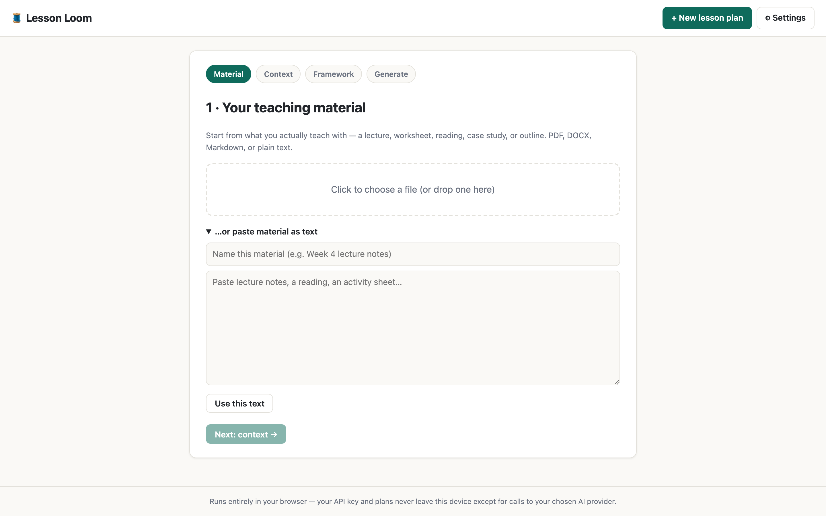 Uploading teaching material to start a lesson plan